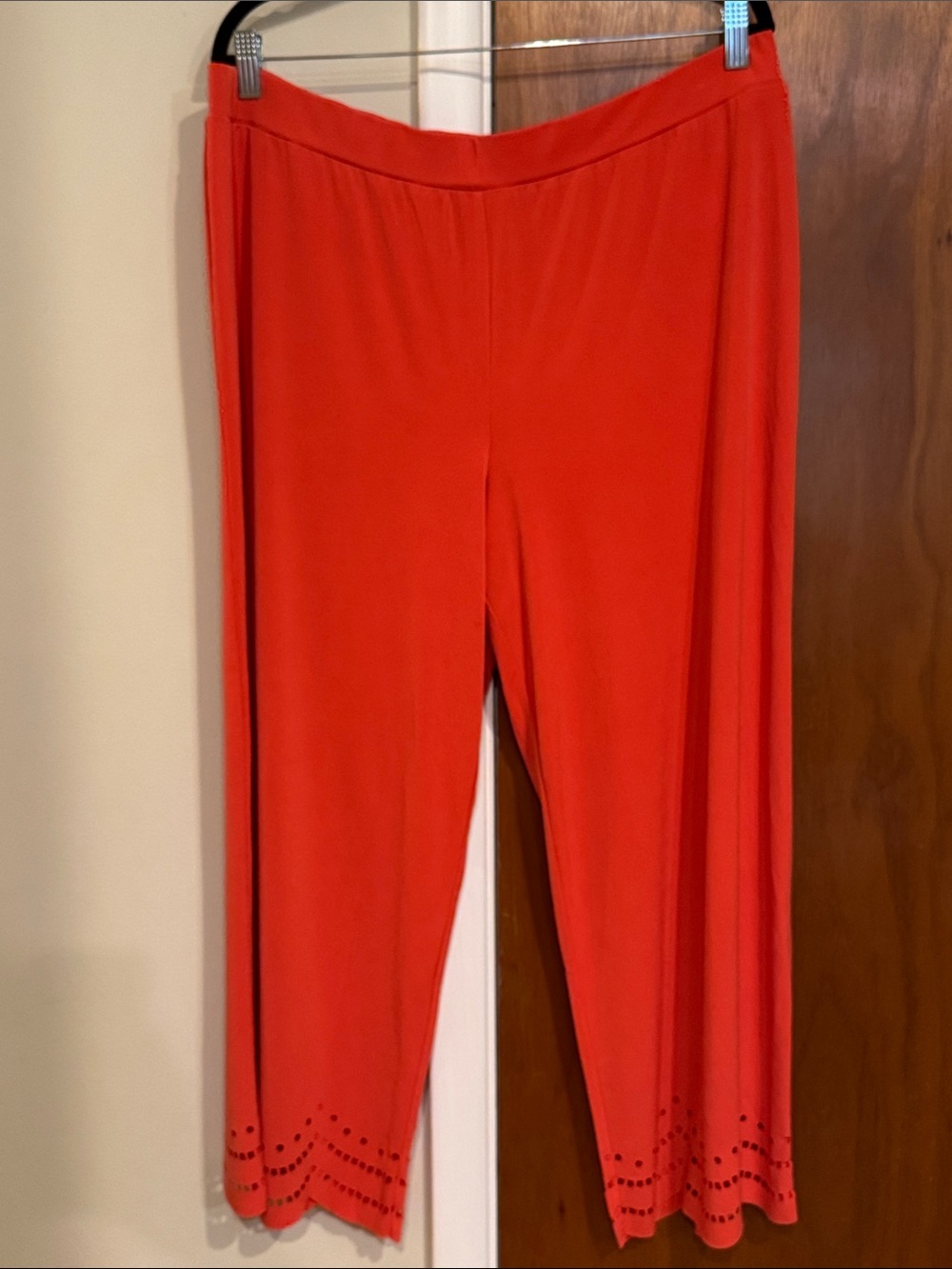 Susan Graver Liquid Knit Coral Wide-Leg Pull-On Pants With Laser Cut Detail.